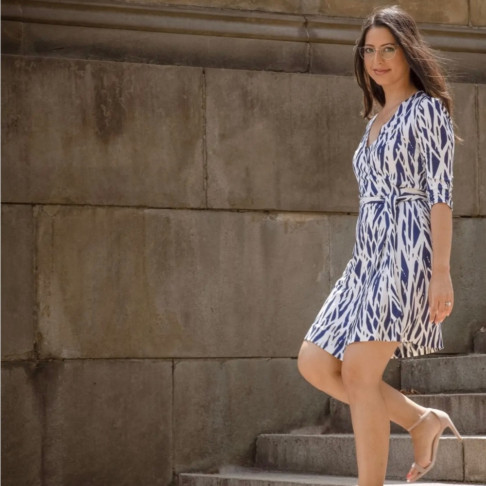 DVF New Julian Two Silk-Jersey Wrap Dress in Navy Twigs